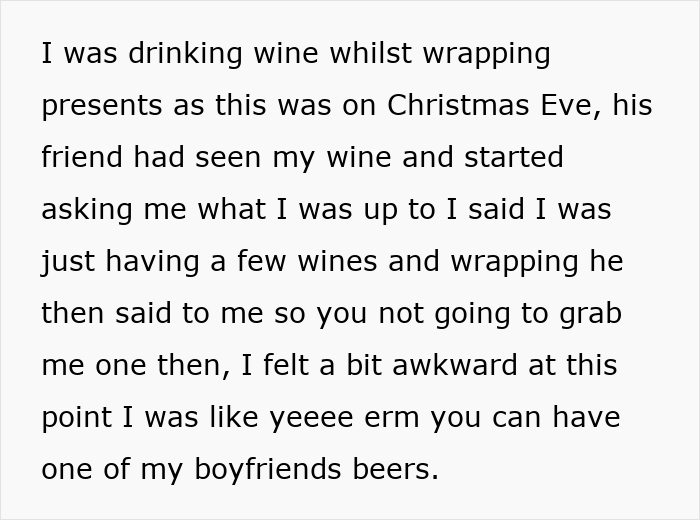 Text conversation about Christmas Eve wine-sharing with boyfriend's friend. Text conversation about Christmas Eve wine-sharing with boyfriend's friend.