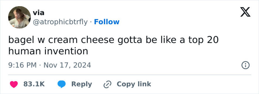 Funny meme tweet about bagels with cream cheese being one of the top 20 human inventions.