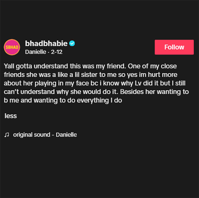 Bhad Bhabie's Instagram post discussing friendship issues, with 'Follow' button highlighted. Bhad Bhabie's Instagram post discussing friendship issues, with 'Follow' button highlighted.