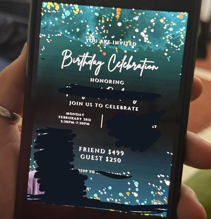 Phone screen displaying a birthday celebration invitation with a cost of $499 for attendance.
