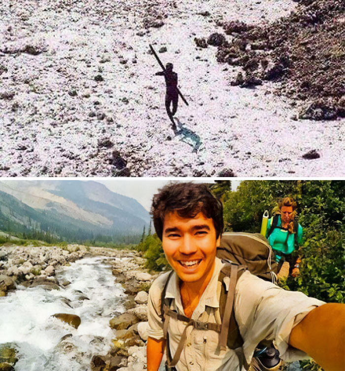 Person trekking in a remote area, capturing interesting or bizarre moments with a friend near a stream and forest.