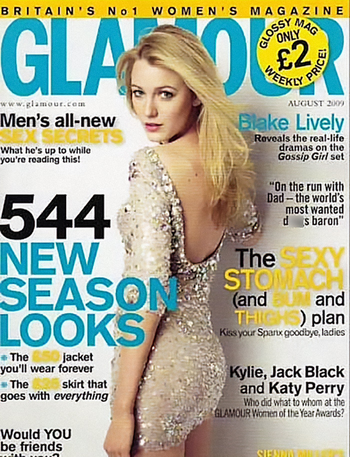 Blake Lively on Glamour cover, August 2009 issue, wearing a sequined dress, with magazine headlines visible.