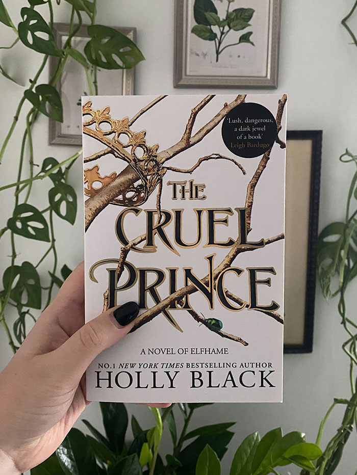 Book cover of "The Cruel Prince" by Holly Black held in front of leafy plants.