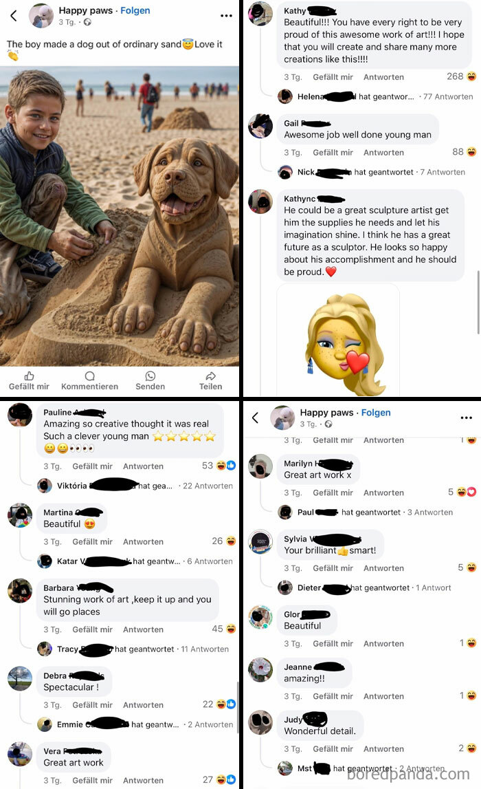 Boy posing with a sand dog sculpture on the beach, with comments praising the creative work, exemplifying social media reactions.