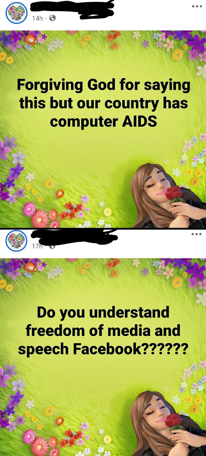 Two social media posts with text highlighting Boomers social media fails on a floral background with an animated character.