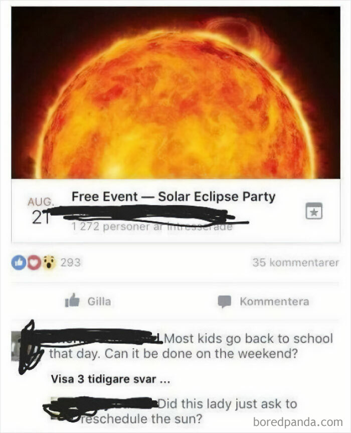 Social media post showing a solar eclipse event and a humorous comment about rescheduling it, illustrating a boomer's social media fail.