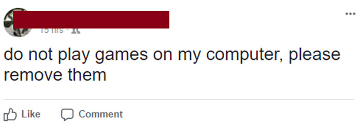 A social media post showing a boomer's humorous misunderstanding about computer games.