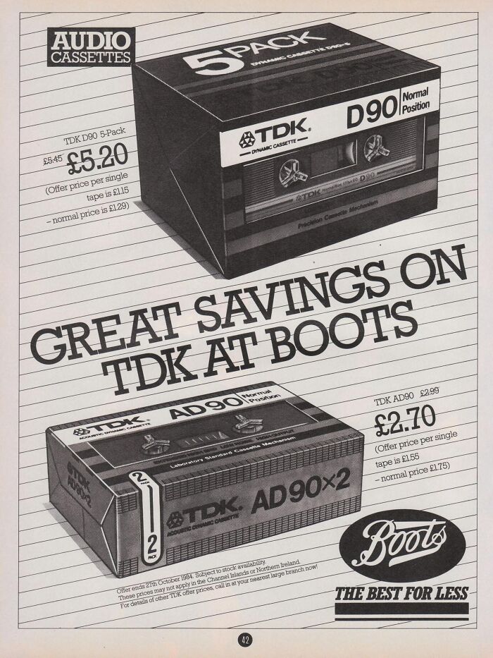 Vintage-Commercials featuring TDK audio cassette sale at Boots, showcasing 5-pack and AD90 options with prices.