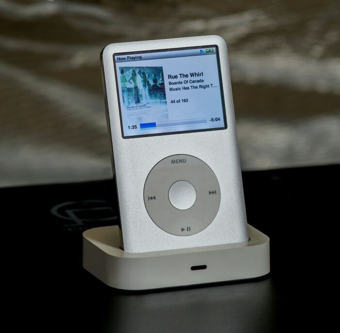 Durable, beautifully designed MP3 player on a dock, highlighting its longevity.