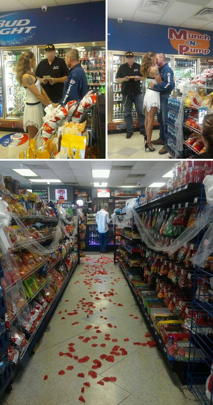 Couple getting married in a convenience store with snacks and rose petals, showcasing budget wedding fails.