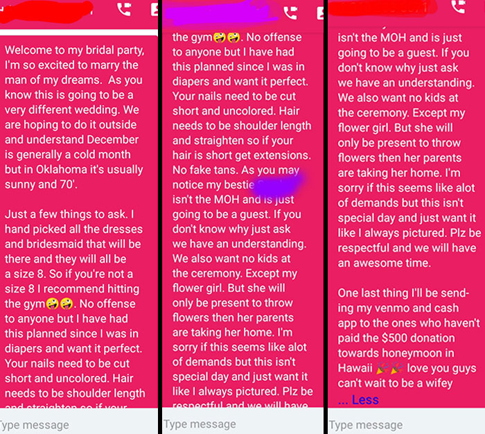 Text screenshot showcasing a demanding bridal party message illustrating budget-wedding-fails.