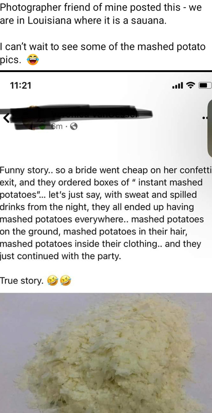 Text message about a budget wedding fail involving instant mashed potatoes as confetti, leading to a messy party.
