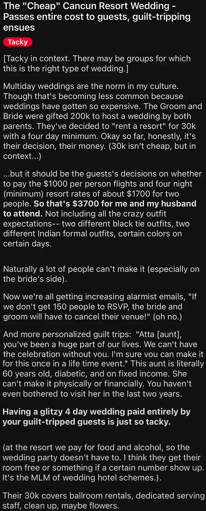 Text detailing a budget wedding fail, with guests bearing high costs for a Cancun resort event.