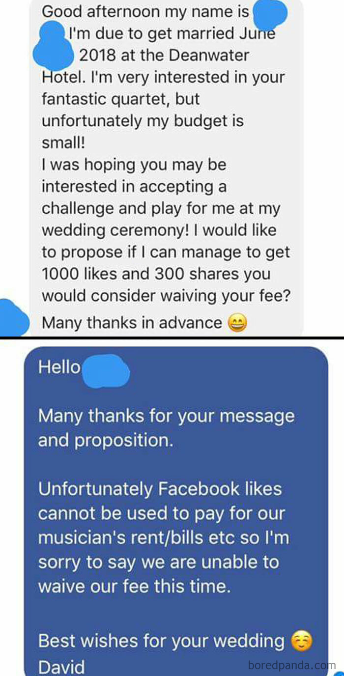 Text message exchange highlighting a budget-wedding-fail, with a musician declining a request to perform for social media likes.