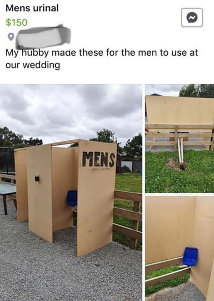 Outdoor makeshift men's urinal at a wedding, showcasing a budget-wedding fail with simple wooden panels and a plastic container.