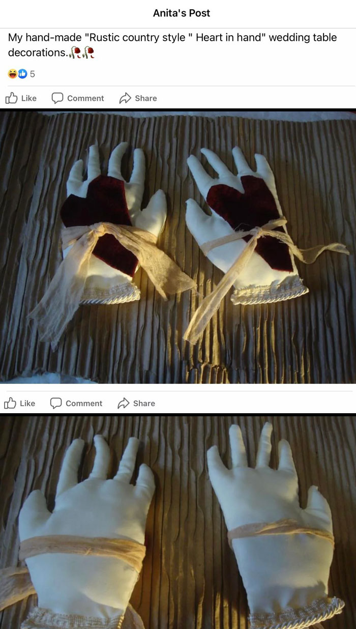 Rustic handmade wedding table decorations resembling white gloves with bows, illustrating budget-wedding-fails.
