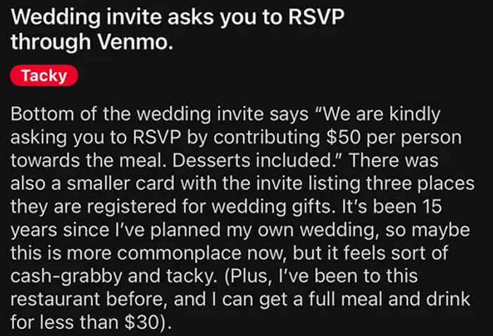 Wedding invitation requests RSVP through Venmo, labeled as tacky; highlights budget-wedding-fails.