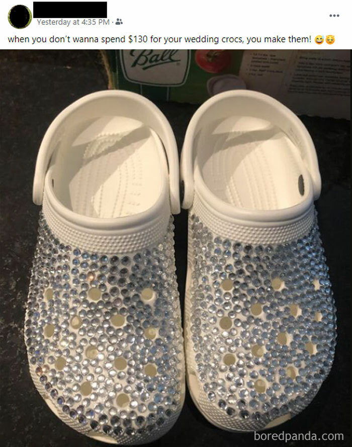 DIY rhinestone wedding Crocs as a budget-wedding-fails example.