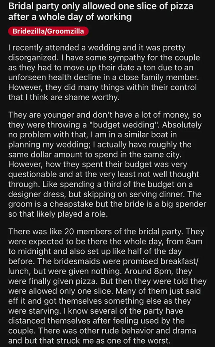 Text discussing a budget wedding where the bridal party received only one slice of pizza after working all day.