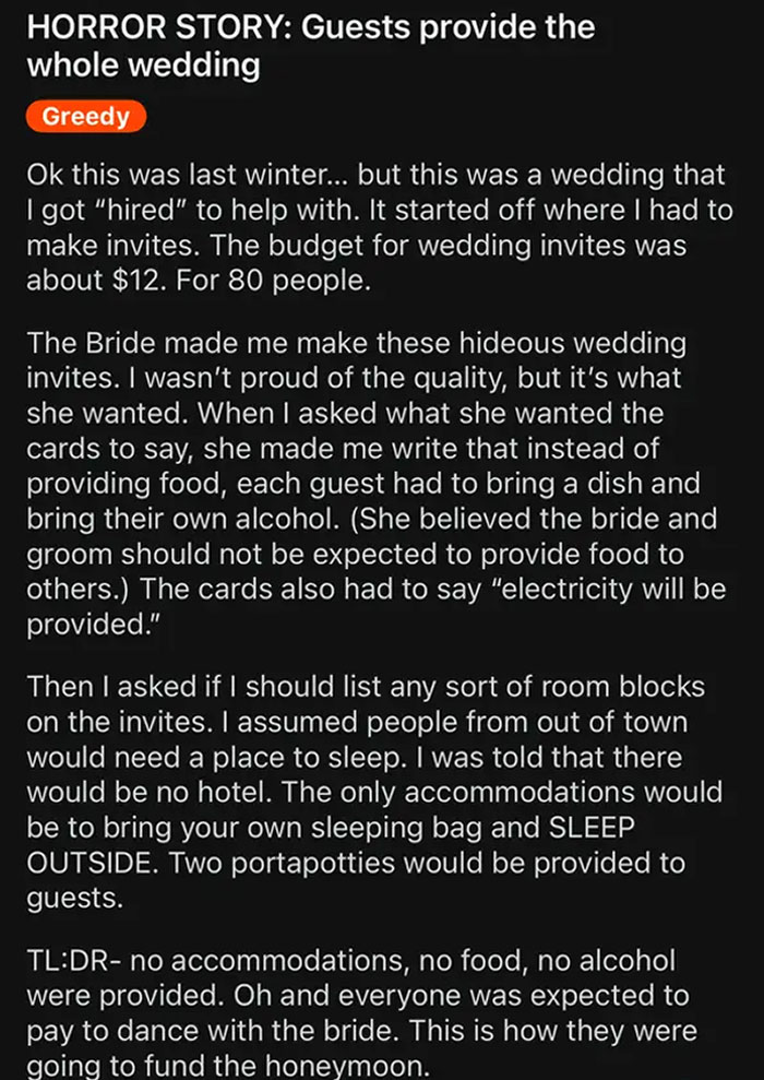 Text describing a budget-wedding fail with guests asked to provide food, alcohol, and sleep outdoors with minimal amenities.