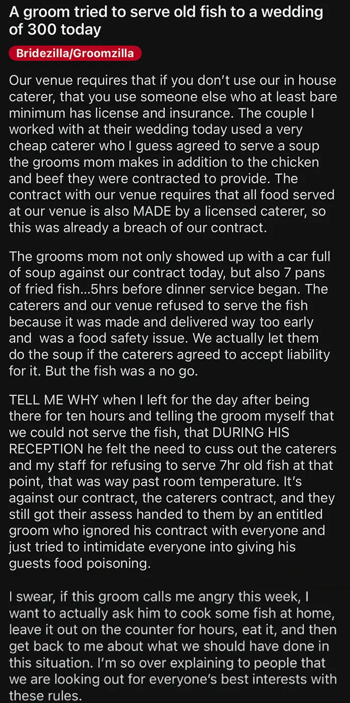 Text image describing a budget-wedding fail with a groom attempting to serve old fish.