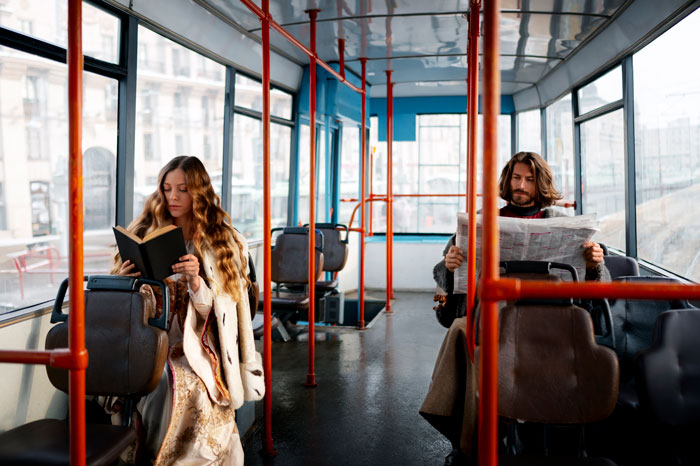 Young woman reading on bus with empty seats. Young woman reading on bus with empty seats.