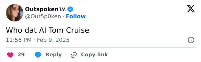 Tweet questioning Tom Cruise's appearance during Super Bowl 2025 ad, gaining social media attention.
