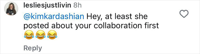 Comment on Kim Kardashian's collaboration post with laughter emojis.