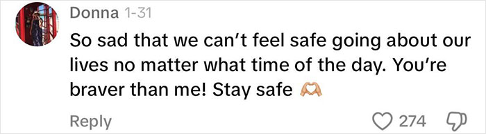 Comment expressing concern about safety for women walking alone in NYC, with 274 likes.