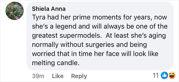 Comment about Tyra Banks&rsquo; legendary status and natural aging, without surgeries, from a user named Shiela Anna.