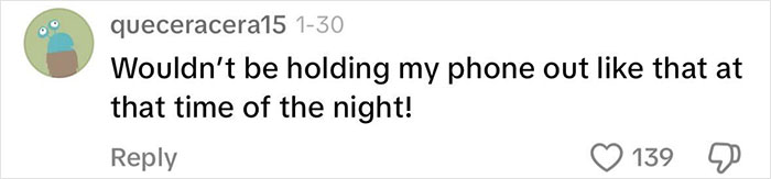 Comment about NYC midnight walk safety, with a user expressing concern about holding a phone at night.