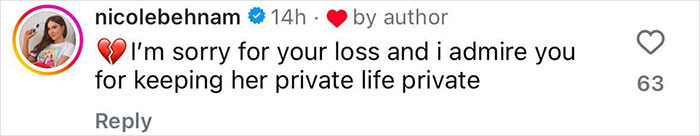 Instagram comment offering condolences and admiration for privacy concerning Michelle Trachtenberg.