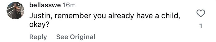 Comment mentioning Justin Bieber, reminding him about parenting.