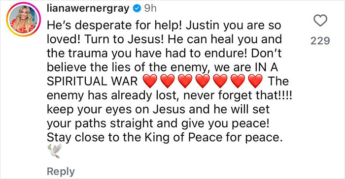 Instagram comment expressing concern and advice for Justin Bieber, urging him to seek spiritual healing and peace.