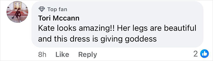 Fan comment praising a celebrity's look at a movie premiere.