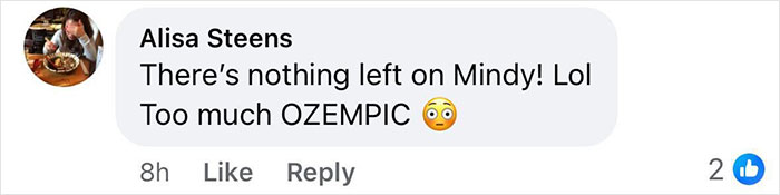Comment about Mindy Kaling, mentioning weight loss and Ozempic, with two likes.