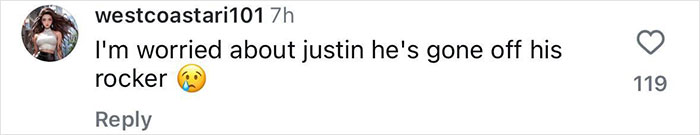 Comment expressing concern for Justin Bieber with a sad emoji reaction.
