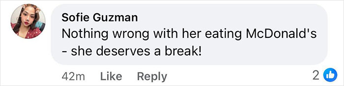 Comment about Tyra Banks enjoying McDonald's, emphasizing her deserving a break.