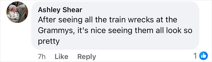 Comment from Ashley Shear saying it&rsquo;s nice seeing them look pretty after the Grammys train wrecks.