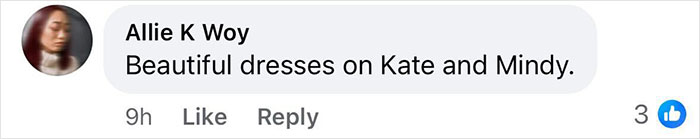 Comment praising Kate and Mindy's beautiful dresses.