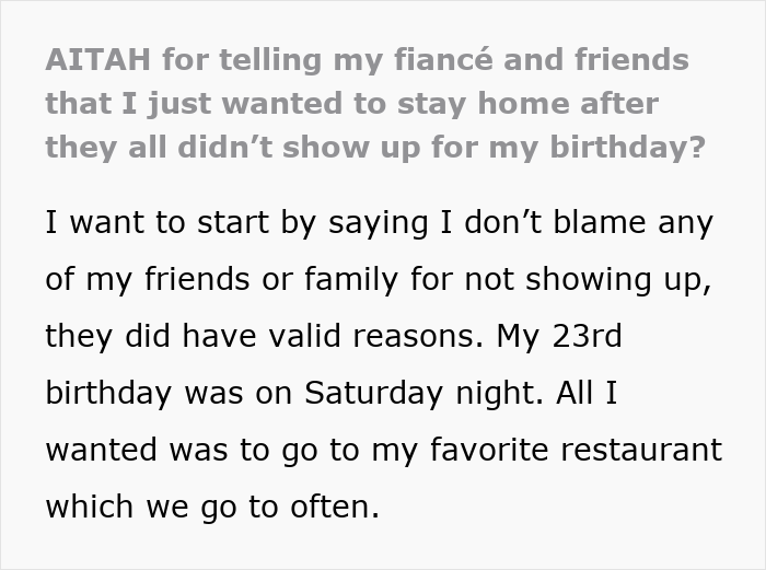 Woman discussing absence of friends and family at her birthday, leading to canceled dinner.