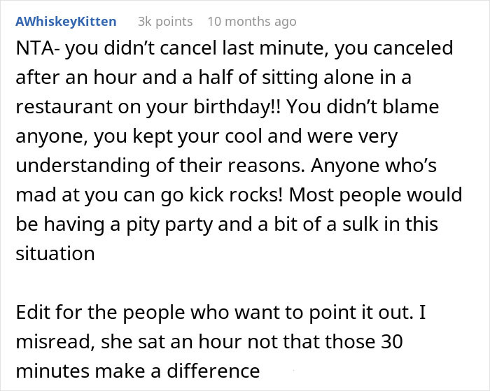 Comment supporting woman for canceling birthday dinner after no one showed up.