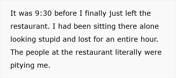 Text describing a woman&rsquo;s experience of being alone at a restaurant after no one showed up for her birthday dinner.