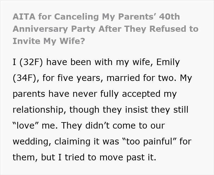 Daughter explains canceling parents' party due to disrespect towards her wife in a candid personal story. Daughter explains canceling parents' party due to disrespect towards her wife in a candid personal story.