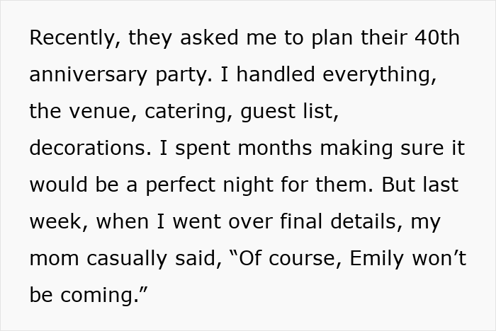 Text about parents asking daughter to plan a 40th anniversary party; mentions disrespect to her wife. Text about parents asking daughter to plan a 40th anniversary party; mentions disrespect to her wife.