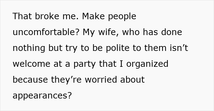 Text expressing frustration over wife's unwelcome presence, found in party cancellation note highlighting disrespect. Text expressing frustration over wife's unwelcome presence, found in party cancellation note highlighting disrespect.