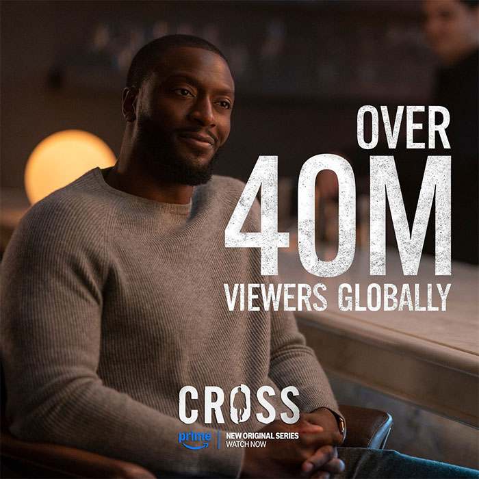 Aldis Hodge in a gray sweater from Alex Cross TV show with text "Over 40M viewers globally.