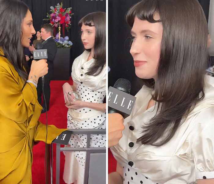 Red carpet interview at the 2025 Grammy Awards, featuring formal attire and microphones, capturing an awkward moment.