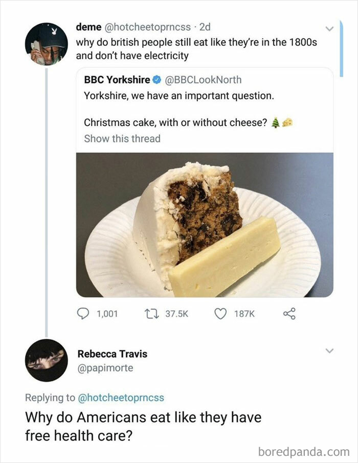 Social media exchange weaponizing words with humorous remarks about British and American eating habits.