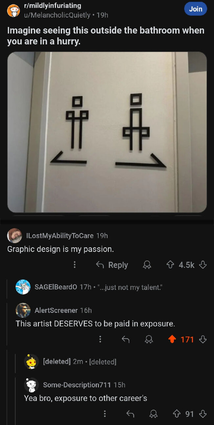 Bathroom sign with humorous comments, highlighting clever use of words in online discussion.